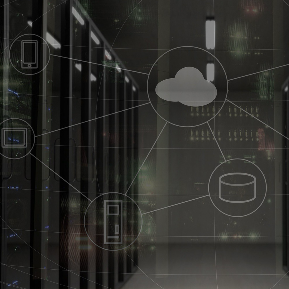 Dark Server Datacentre Background with Cloud, Server, Tablet, Phone and Database Icon Interconnected into a Web