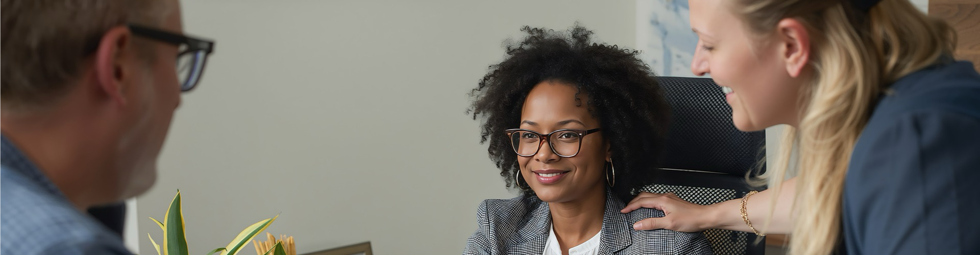 Cybersecurity professionals in an office meeting discussing secure IT solutions and client protection strategies.